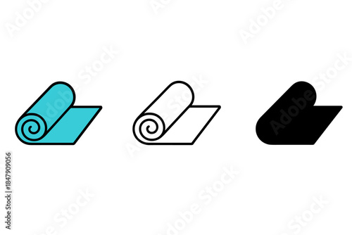 Yoga mat icon trio: colorful, outline, silhouette designs