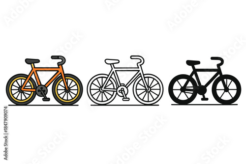 Colorful bicycle icons: orange, outline, black designs on white background