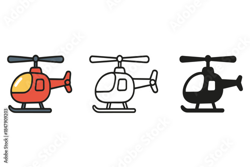 Three helicopter illustrations in red, black, and outline style on white background