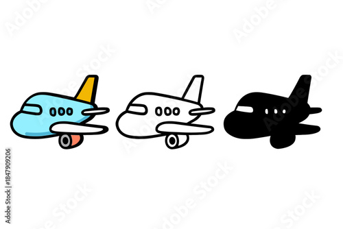 Colorful cartoon airplanes trio: blue, white, black illustrations on white