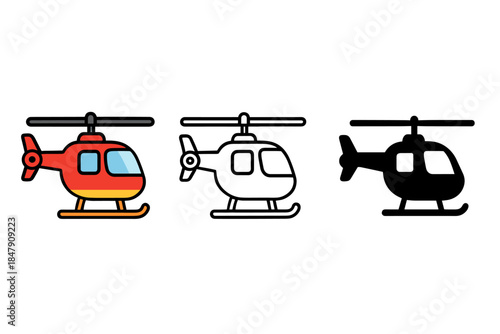 Colorful helicopter icons: red, outline, silhouette designs