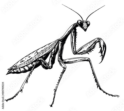 Detailed praying mantis illustration hand drawn sketch