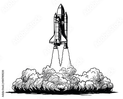 Vintage space shuttle launch icon with smoke and flames hand drawn sketch