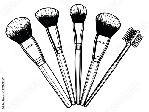 Makeup brush set with powder brush, fan brush and eyebrow comb black and white line art