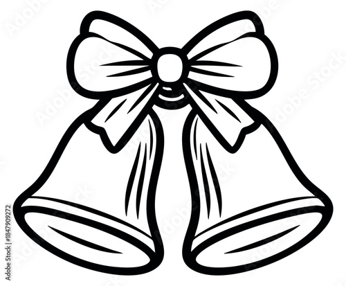Christmas bell icon set with bow black and white line art