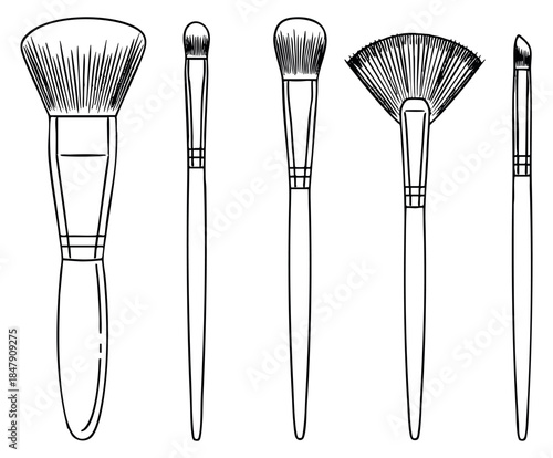 Makeup brush icon set with powder brush, eyeshadow brush, fan brush and eyeliner brush hand drawn outline illustration