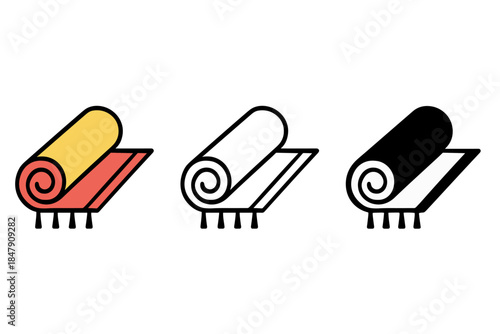 Set of colorful rolled rugs: red, yellow, black and white designs