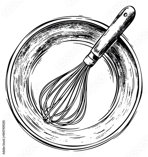 Vintage kitchen utensil set with whisk and bowl hand drawn sketch