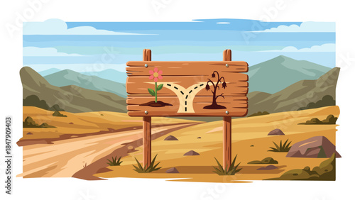 A wooden signpost illustrates a life choice between growth and decay in a desert landscape, symbolizing decision making.