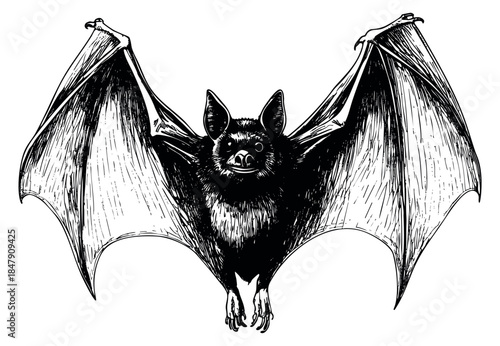 Bat illustration black and white line art
