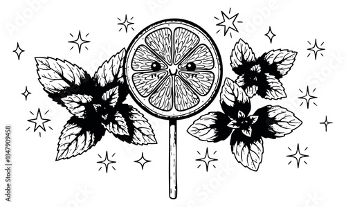 Cute lemon slice character set with mint leaves and stars hand drawn outline illustration