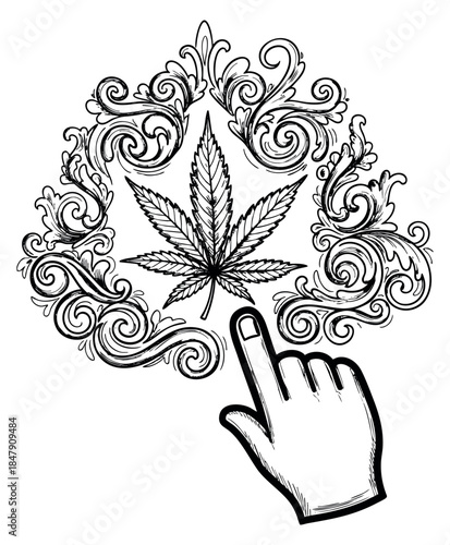 Vintage hand icon set with cannabis leaf and ornamental frame hand drawn outline illustration