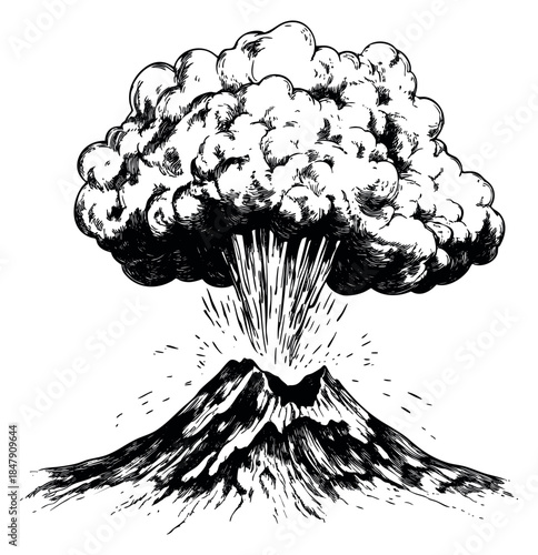 Volcano eruption illustration with explosion cloud hand drawn outline illustration