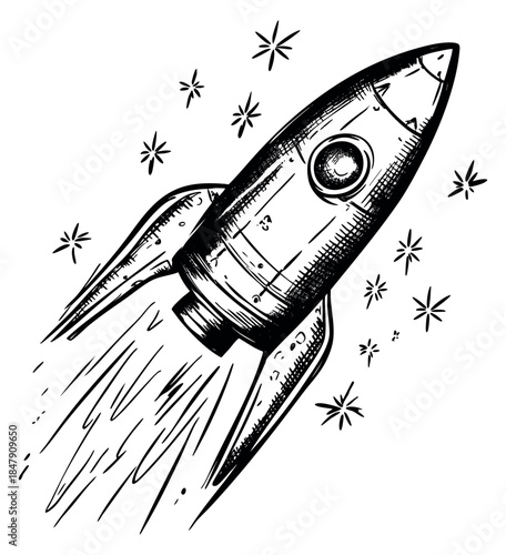 Vintage rocket icon with stars hand drawn sketch