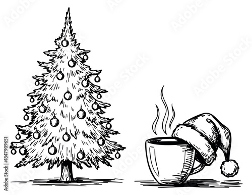 Christmas set with decorated tree coffee cup and santa hat hand drawn sketch