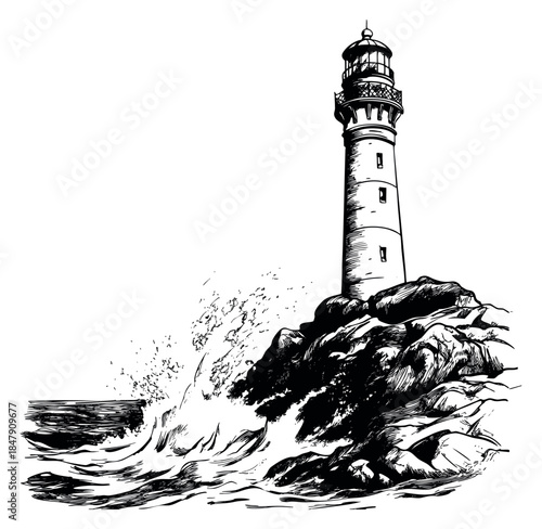 Vintage lighthouse illustration with rocks and ocean waves hand drawn outline illustration
