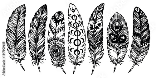 Hand drawn feather icon set with tribal and floral patterns black and white line art
