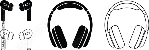 Types of headphones, earpiece, listen to music, dj headphones. Headphones and earbuds vector illustration icon, silhouette. 