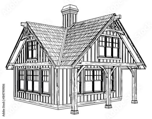 Hand drawn wooden house illustration with chimney and large windows