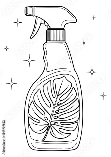 Cleaning spray bottle with monstera leaf minimal black and white line art