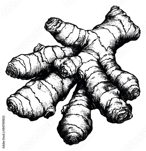 Black and white ginger root illustration hand drawn sketch