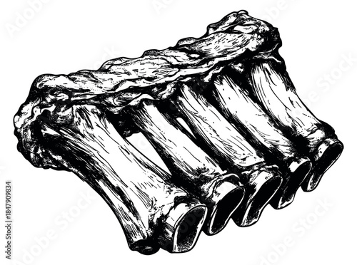 Vintage pork ribs illustration black and white line art