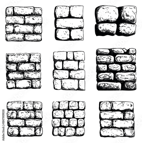 Hand drawn stone wall texture set with bricks and rocks