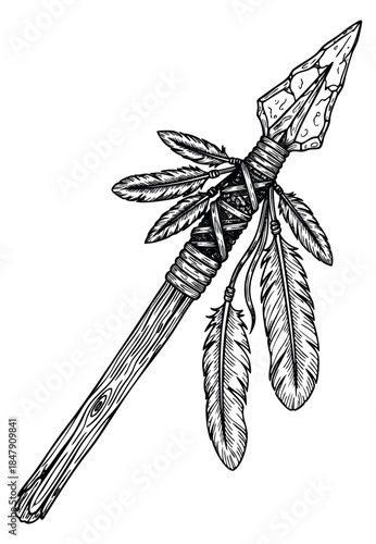 Vintage spear icon with feathers hand drawn outline illustration