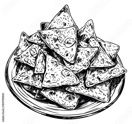Plate of tortilla chip set with nachos hand drawn sketch