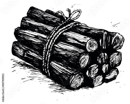 Bundle of firewood with rope hand drawn sketch