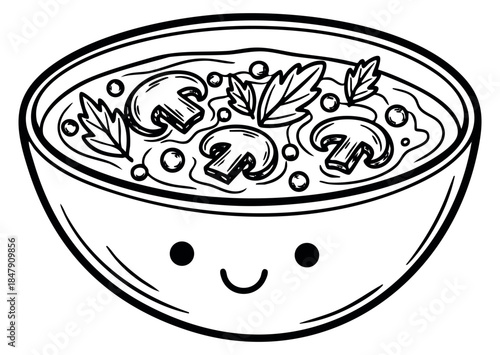 Cute soup bowl icon with mushrooms and herbs hand drawn outline illustration