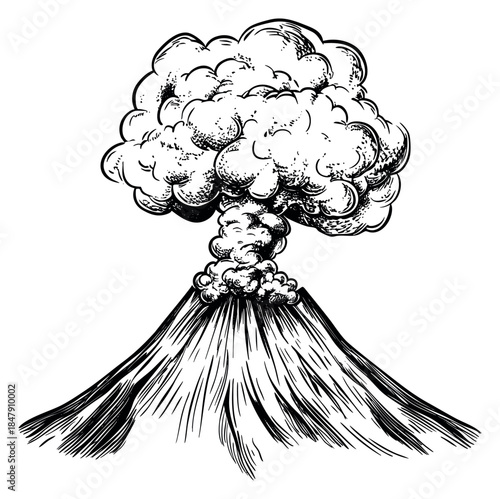 Volcano eruption illustration with smoke cloud hand drawn outline illustration