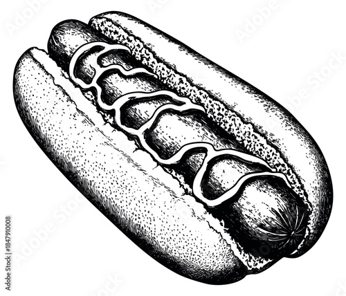 Hot dog with mustard hand drawn outline illustration