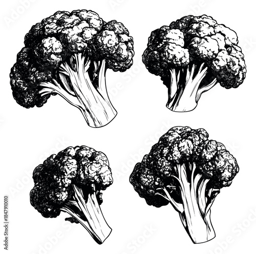 Broccoli icon set with detailed broccoli heads hand drawn outline illustration