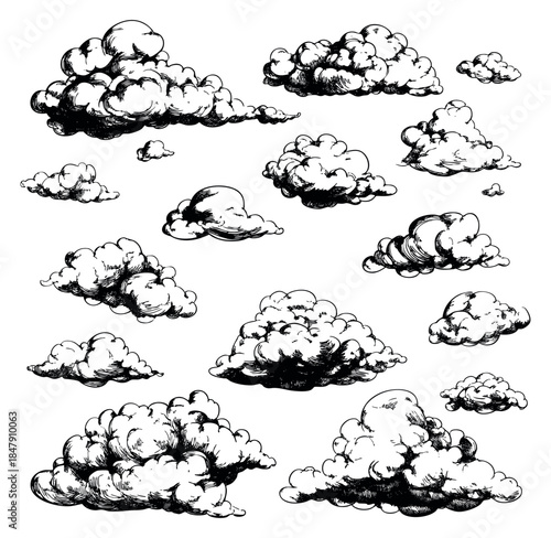 Vintage cloud set with various shapes hand drawn outline illustration