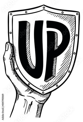 Hand drawn shield with up letters held by hand outline illustration