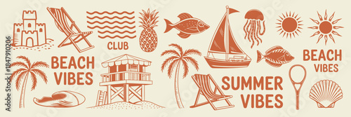 Summer Tropical Beach Print with Hand Drawn Ocean Silhouettes, Exotic Travel Paradise Vacation Logo, Vintage Surf Stamp Retro Illustration