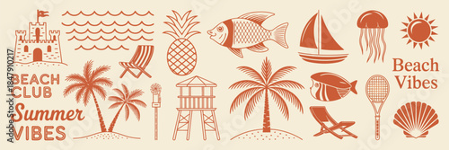 Summer Tropical Beach Print with Hand Drawn Ocean Silhouettes, Exotic Travel Paradise Vacation Logo, Vintage Surf Stamp Retro Illustration