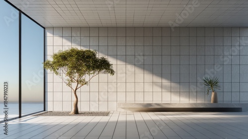 Modern minimalist interior space featuring a potted tree and a sleek stone bench with large glass windows creating a serene atmosphere