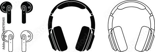 Types of headphones, earpiece, listen to music, dj headphones. Headphones and earbuds vector illustration icon, silhouette. 