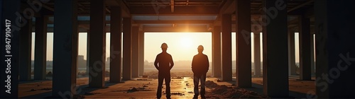 Two men standing in a building with the sun setting structural engineer and foreman worker