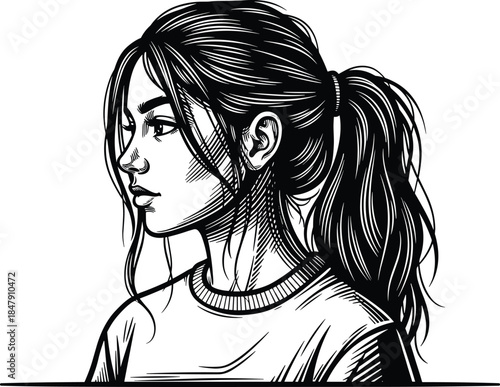 Profile illustration, black and white, ponytail hair, expressive sketch, crew-neck shirt, textured lines, portrait art, shading, vector, detailed drawing, side view, hand-drawn style, 