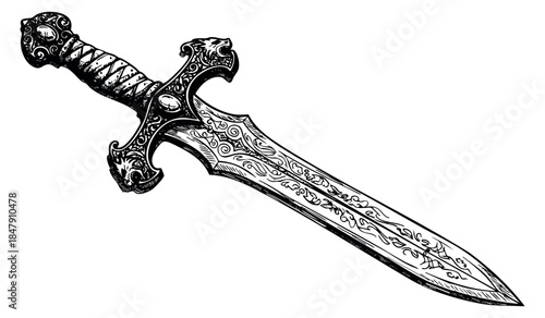 Vintage sword with intricate patterns hand drawn sketch