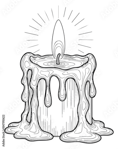 Melting candle icon with flame and wax dripping hand drawn outline illustration