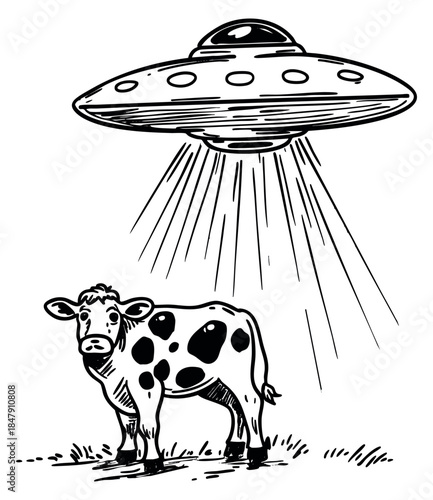 Vintage alien ufo abduction set with cow and flying saucer hand drawn outline illustration