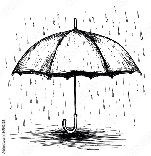 Umbrella icon with raindrops hand drawn sketch
