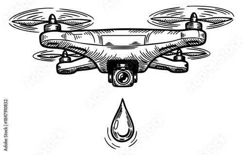 Drone icon with camera and drop black and white line art