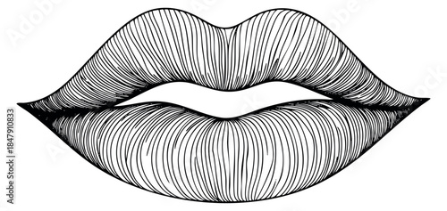 Vintage lips illustration with curved line pattern hand drawn