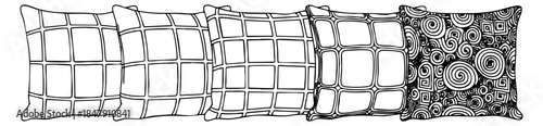 Simple pillow set with grid and swirl patterns black and white line art