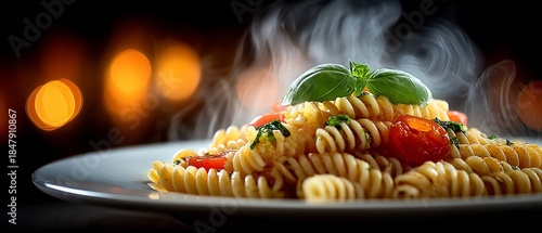 Delicious Fusilli Pasta with Tomato and Basil.